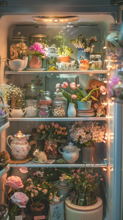 Interior of a shop window with flowers in a vase.の素材