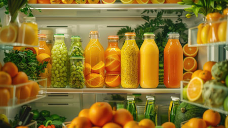 Fruit and vegetable juices in bottles on shelves in the refrigerator.の素材