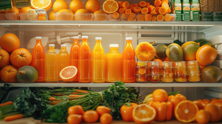Refrigerator full of different fruits and vegetables. Focus on orange juiceの素材