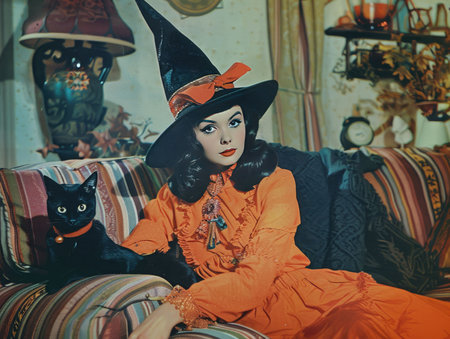Beautiful witch sitting on the sofa with a black cat. Halloween.の素材