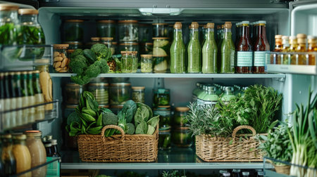 Refrigerator full of different fresh vegetables and herbs in grocery storeの素材