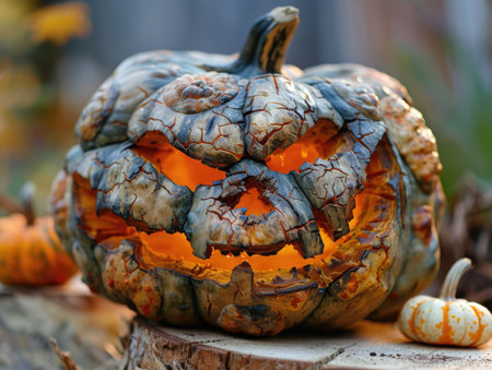Halloween pumpkins on wooden background. Selective focus, shallow depth of field.の素材