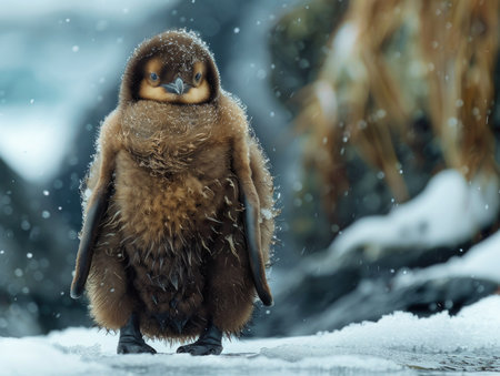 Cute little penguin standing on the snow in winter time.の素材