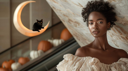 Beautiful african american woman with black cat in halloweenの素材