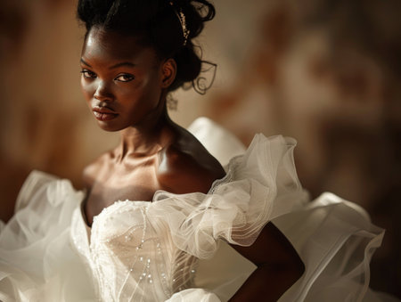 Beautiful african american bride in white wedding dress posing indoors.の素材