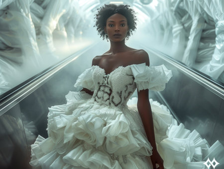Beautiful african american bride in white wedding dress posing on escalatorの素材