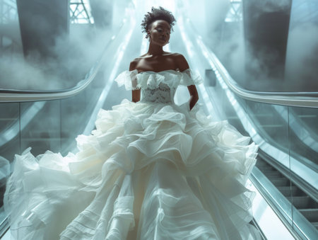 Beautiful african american bride in white wedding dress posing on escalatorの素材
