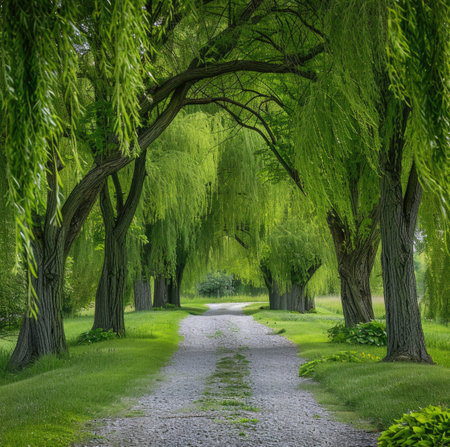 Beautiful alley in the park with willow trees and asphalt roadの素材