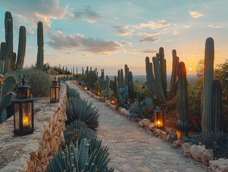 Cacti in the park at sunset, Saguaro National Park, Arizona, USAの素材