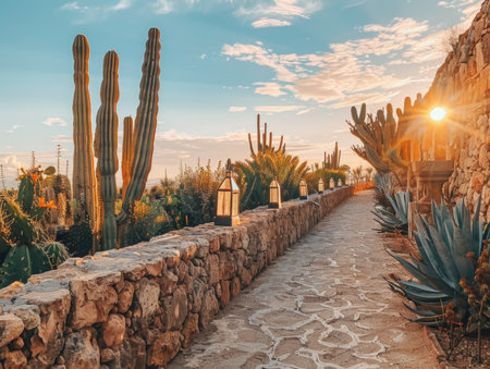 Cactuses in the garden at sunset. Tenerife, Canary Islands, Spainの素材