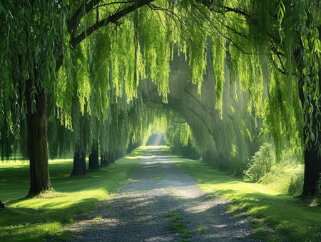 Beautiful alley in the park with willow trees in the morningの素材