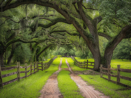 Old oak tree in the park with a dirt road leading through it.の素材