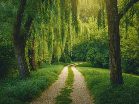 Path in the park with willow trees and green grass. Natural background.の素材