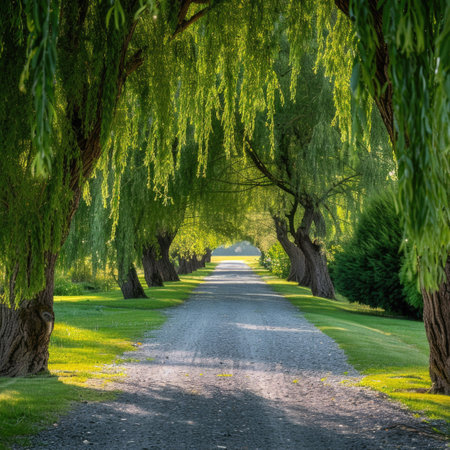 Beautiful alley in the park with willow trees and asphalt roadの素材
