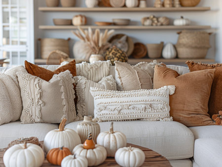 Cozy living room interior with white sofarative pumpkins and knitted pillowsの素材