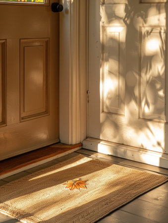 Warm doormat with a golden butterfly on the door.の素材