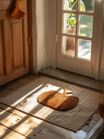 Wooden door with a knitted pillow on the window sill.の素材