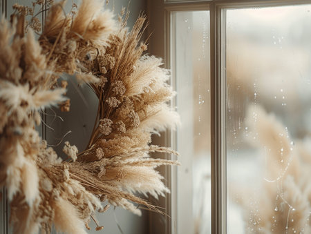 A bouquet of dried flowers stands on the windowsill. Selective focus.の素材