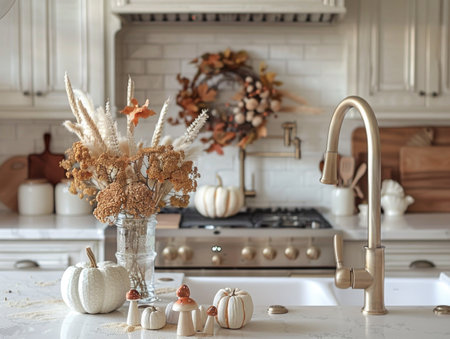 Modern kitchen interior with autumn decor in Scandinavian style. Porcelain vase with dried flowers, pumpkins, candles, candles, chest of drawers.の素材