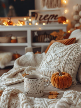 Cozy home interior with cup of hot chocolate, knitted plaid and pumpkinsの素材