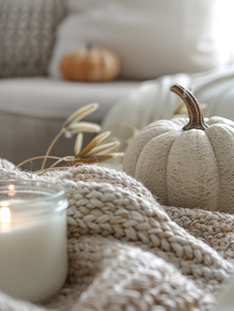 Cozy autumn composition with pumpkins, knitted blanket, candles and plaidの素材