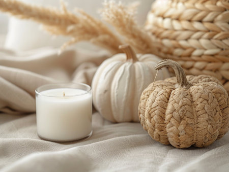 Spa composition with pumpkins, candles and wicker basket on fabricの素材