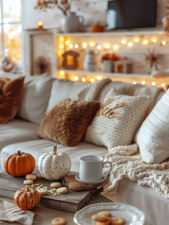 Cozy living room with cozy pillows, pumpkins, coffee cup and knitted plaid. Cozy autumn home interior.の素材