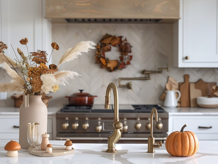 Modern kitchen interior with faucet, pumpkins and dried flowersの素材
