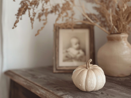 Autumn still life with pumpkins and vintage photo frame on a wooden tableの素材