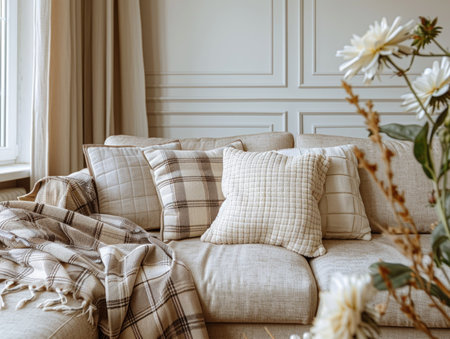 modern living room with sofa, pillows and flowers. interior design conceptの素材