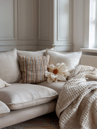 classic living room interior with sofa, pillows and knitted plaidの素材