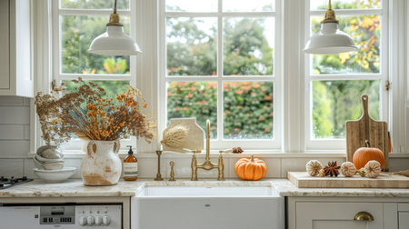 Kitchen interior with pumpkins and autumn decoration, selective focus.の素材