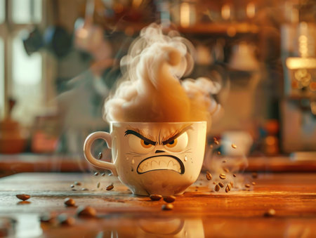 Coffee cup with steam and coffee beans on the wooden tableの素材