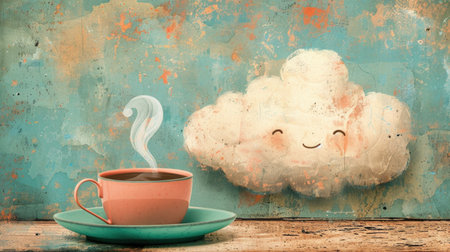 Coffee cup and cloud on grunge background, vintage styleの素材