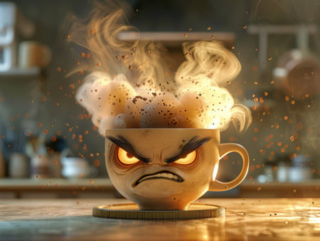 Coffee cup with eyes and steam on the table in the kitchenの素材