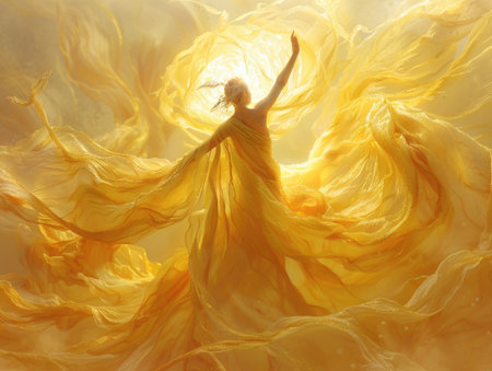 Beautiful girl in a yellow silk flying in the wind on a light backgroundの素材