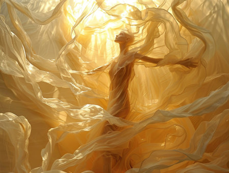 Silhouette of a woman in a white chiffon dressの素材