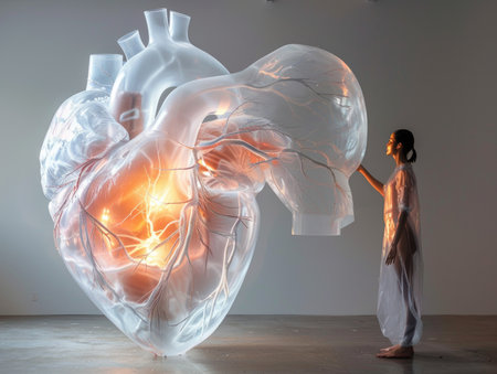 A young woman in a long white dress stands in front of a human heart model.の素材