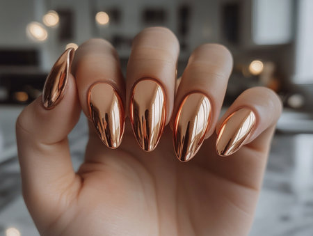 Female hand with long nails and a bottle of golden nail polish.の素材