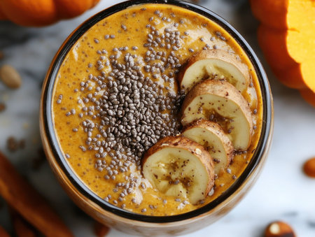 Healthy pumpkin smoothie with chia seeds and banana, top viewの素材