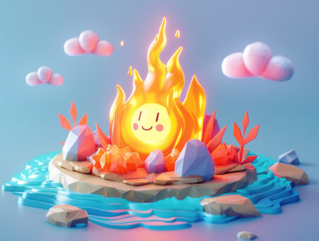 3d illustration of a cartoon character on a pedestal with stones and fire.の素材