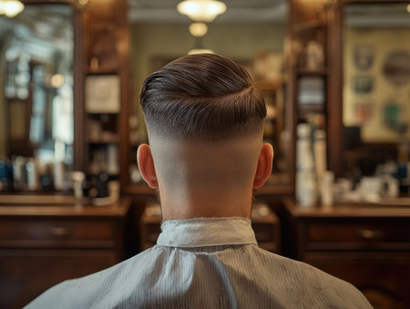 Rear view of a young man at the barbershop.の素材