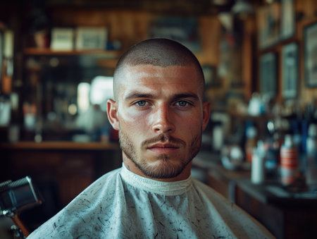 Portrait of a young handsome man in a barbershop.の素材