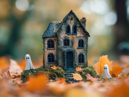 Halloween holiday concept. Toy house in the autumn forest with fallen leaves.の素材