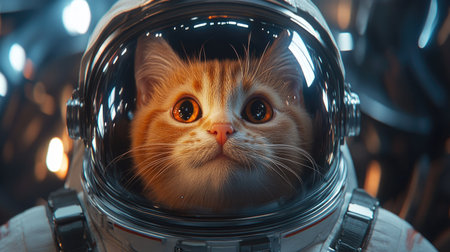 Cute ginger cat in an astronaut helmet on the background of the space.の素材