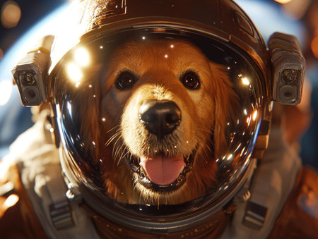 Portrait of a golden retriever dog in an astronaut helmet.の素材