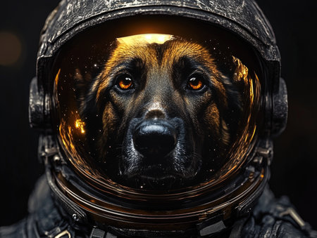 Portrait of a German shepherd dog in an astronaut suit on a dark background.の素材