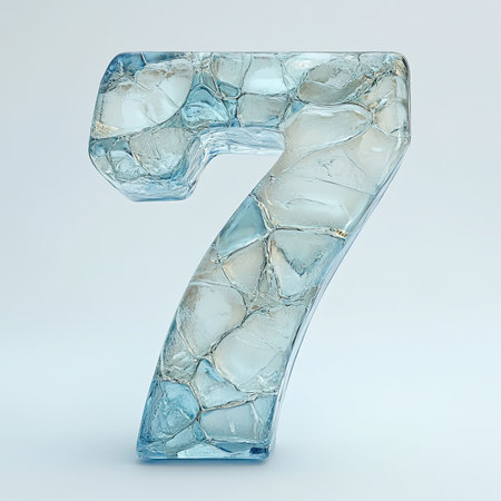 Ice number 7 isolated on white background. 3d rendered cracked ice font.の素材