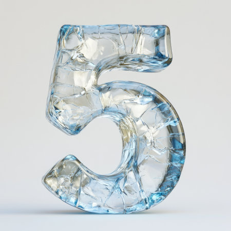 Ice number 5. 3D render ice font with studio light background.の素材