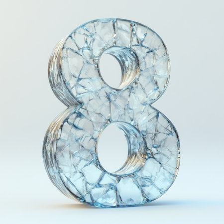 Ice number 8. 3D render cracked ice font isolated on white backgroundの素材